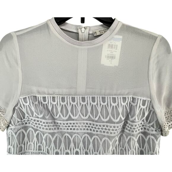 AllSaints Charlton Top Womens 4 Gray Sheer Mesh Geometric Embroidery Modern - Picture 3 of 13